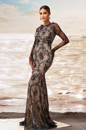 Svart aprikos havfrue volanghals lange ermer rynket blonder lang formell kjole